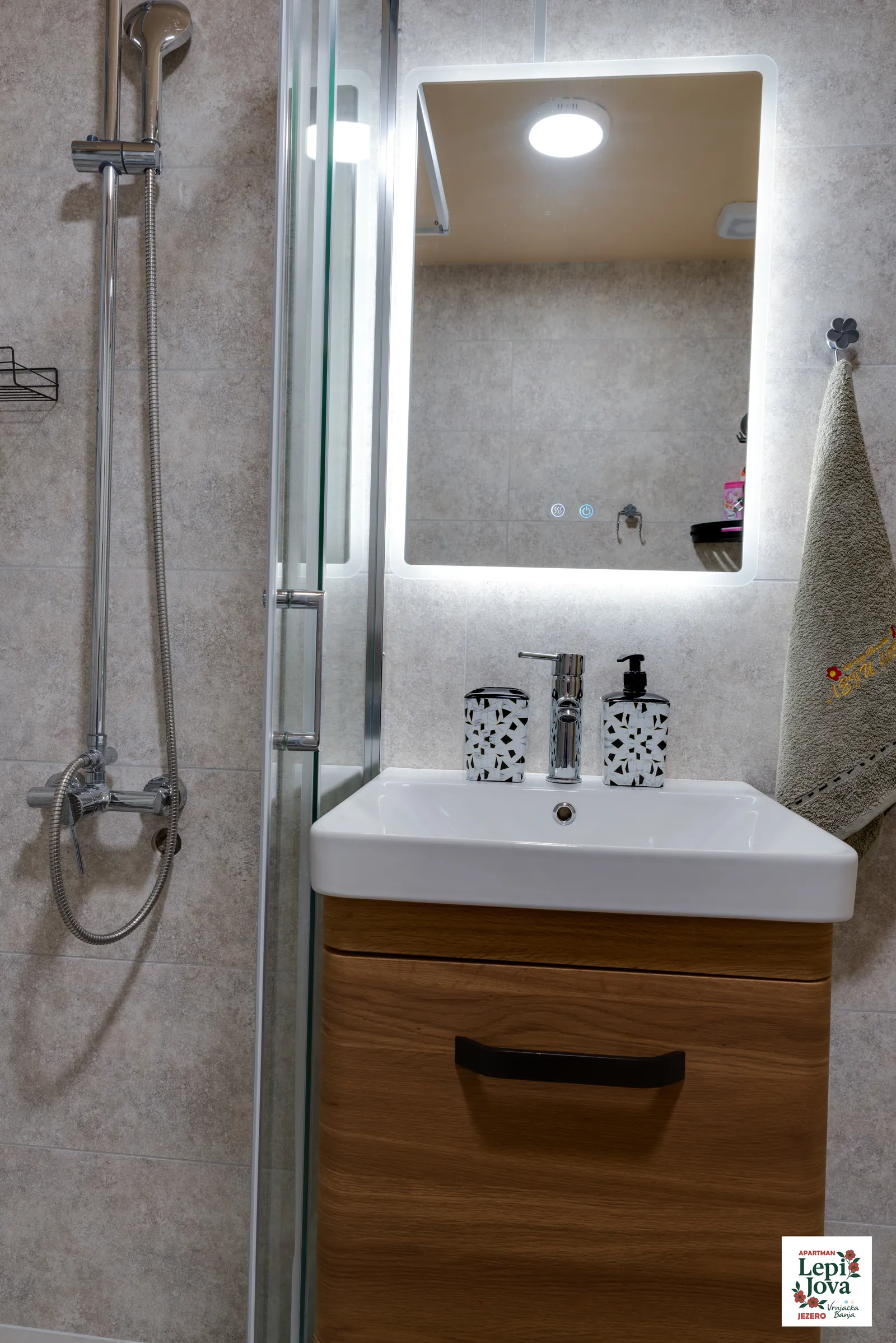 Tuš kabina i lavabo u kupatilu apartmana Jezero