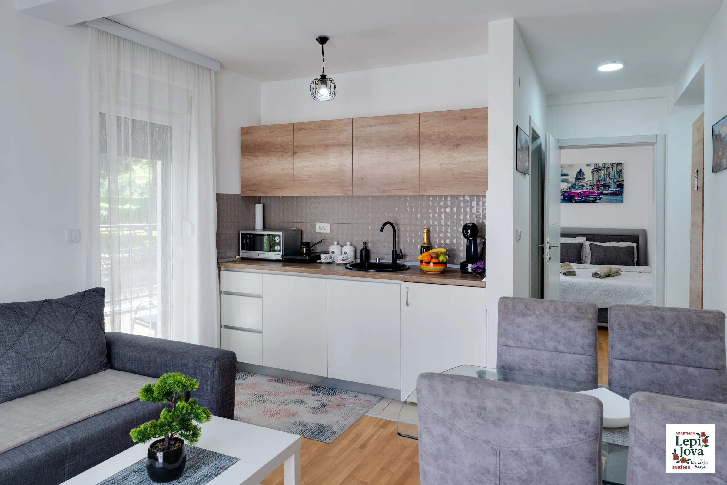 Otvorena kuhinja povezana sa dnevnim boravkom u apartmanu Snežnik